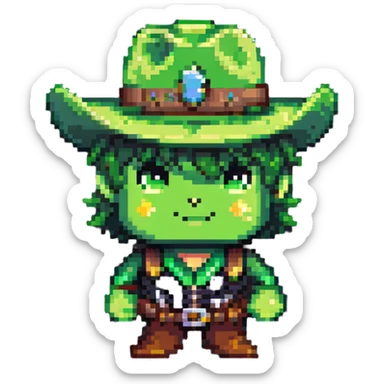Cowboy character with a bright green hat sticker