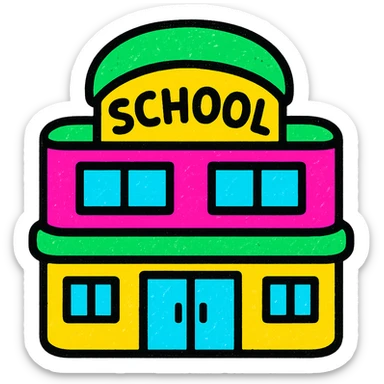 school building, modern look, green gold and white color scheme, rounded shapes, simple design sticker