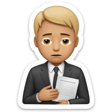 emoji character wearing a suit. face has a very sad, disappointed expression with drooping eyebrows and half-closed eyes. posture is dejected, with slumped shoulders just rejected from his interview to get a job, holding cv sticker