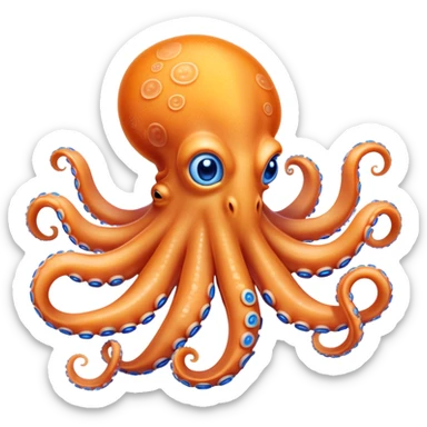 Cinematic Noble Octopus Portrait Emoji, Poised and enchanting, with a light orange body adorned with vibrant blue rings and eight delightfully curling arms with gentle suckers, large sparkling eyes exuding warmth and playfulness, Simplified yet charmingly expressive features, highly detailed, glowing with a soft, magical underwater radiance, high shine, intelligent and irresistibly cute, stylized with an air of whimsical marine enchantment, focused and fluid, soft glowing outline, capturing the essence of a watchful and endearing octopus that appears ready to float out of the screen with delightful charm! sticker
