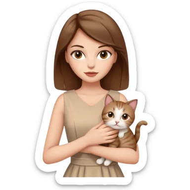 Stylish white woman with brown hair with makeup in beige dress holding a cat sticker