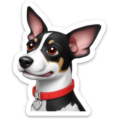 black and white rat terrier wearing red collar sticker