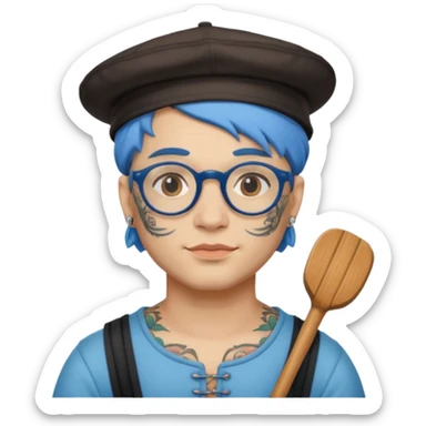 very tattoed face, normal glassess, fat venice gondolier with iconic hat and blue hair woman sticker