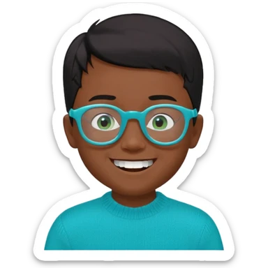 Chico de 7 años, pelo negro y repeinado, piel oscurita, gafas rectangulares azules, sonriente sin 1 diente, jersey verde turquesa y ojos rasgados, no redondeados sticker