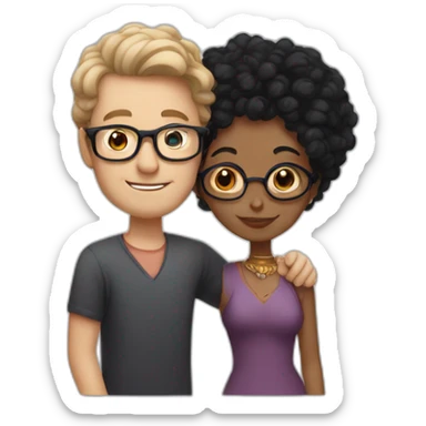 Tall white man with black hair and glasses hugging an Indian woman with curly hair sticker