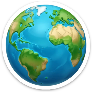 A 3D emoji in iOS emoji aesthetic style of planet Earth, showing blue oceans and green continents, soft glow effect, glossy surface, minimal white background, realistic Apple-style lighting sticker