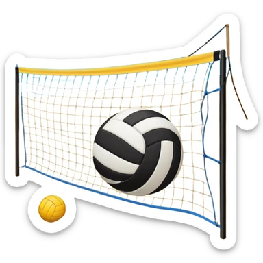 The scene captures the relaxed yet competitive vibe of beach volleyball, with warm sunlight and the natural beauty of the beach. A volleyball resting on the yellow sand on a beach, with the net in the background and a scenic view of the ocean and sky.  sticker
