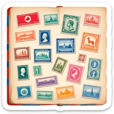 Icon for Stamp Collecting: a collection of vintage and colorful stamps arranged in an album or on a desk, with a large stamp block in the center showcasing different countries and themes. The icon should reflect the charm and history of philately. Transparent background. sticker