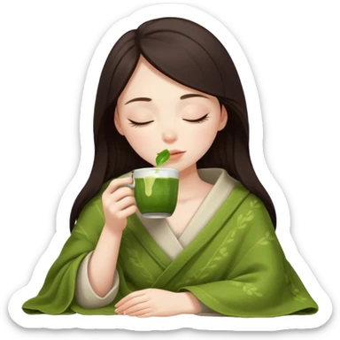 White Girl dark brown hair  inside a blanket sipping matcha eyes closed sticker
