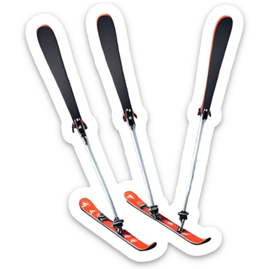 An icon featuring a pair of skis and ski poles in the foreground, set against a picturesque snow-covered slope. The background includes snowy peaks and evergreen trees, symbolizing the excitement and beauty of winter sports. Transparent background highlights the thrill of skiing and snowboarding. sticker