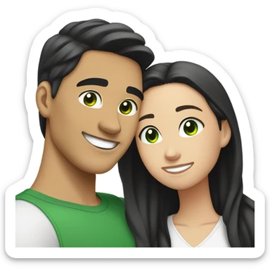Light skin Asian male with straight black undercut hair and a white brunette female with green eyes and long wavy hair tightly hugging each other  sticker