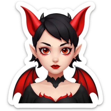 demon girl, skin 100% solid red (no pale/blush), black hair, small horns, pointed ears, bat wing, black open-back dress, bold black outlines, red+black palette sticker