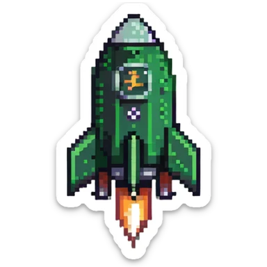 Green check mark with a small rocket ship, deployment success symbol sticker