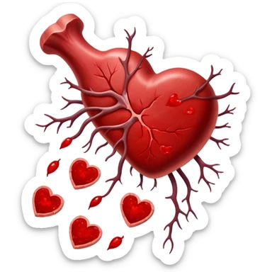 Ethereal red steaks, liver, and dark meat cuts floating alongside a glowing bone marrow. They transform into bright red blood cells that flow toward a heart at the center. The heart pulses with energy that radiates throughout a silhouette of a body, illustrating how heme iron creates vitality. sticker