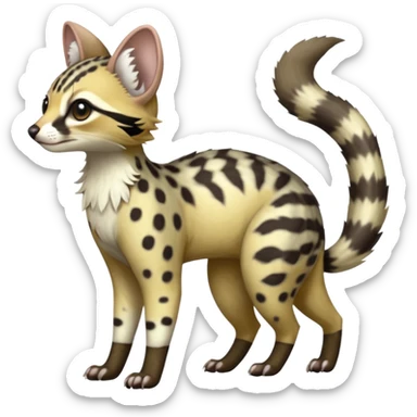 Cute elegant dotted spotted clouded hyper-realistic lifelike furry Civet-Genet-Possum-Serval-Caracal-Sergal-Trico-Numbat-Furret-fusion-Fakemon-hybrid-creature (full body) with long tufted ears and a striped tufted tail  sticker