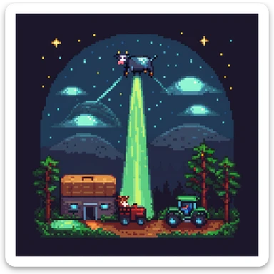 UFO abduction scene with a cow being lifted by a tractor beam at night sticker