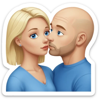 middle age bald man with scruff, blue eyes a.  Kissing blonde woman with blue eyes sticker