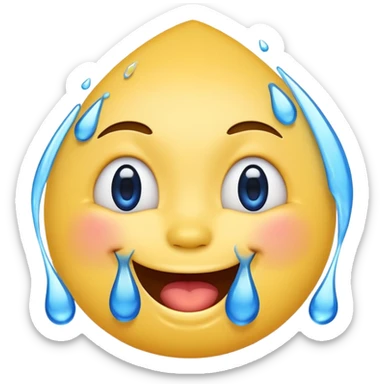 Emoji, yellow round laughing face, blue tears of joy on it. 2 big blue tears on each of the 2 cheeks sticker