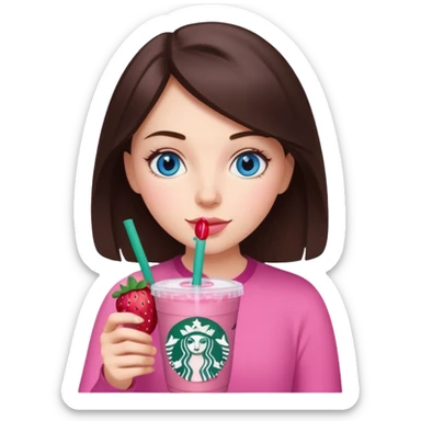 make an emoji of a brunette blue eye girl wearing pink drinking a strawberry acai refresher from starbucks sticker