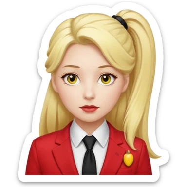 Woman with porcelain white skin, thick blonde hair that's in a thick, long ponytail, has a black tipped nose, yellow scleras, red pupils, and a red suit with a black tie. sticker