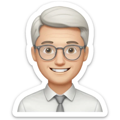 30 yr old pale white man, white/grey side swept stylish hair, round glasses, big smile, white teeth, handsome, longer hair, thin glasses, white dress shirt sticker