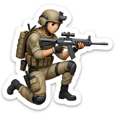 A skilled airsoft player in tactical gear, aiming a gun and shooting metal BBs in a desolate, ruined landscape. The setting is filled with broken walls and debris, creating a tense atmosphere of strategy and precision in a high-stakes tactical environment sticker