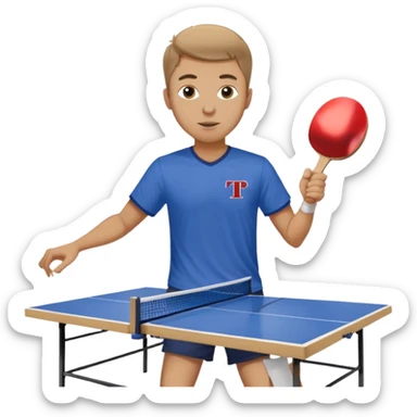 Guy playing ping pong on a 4x8 wooden table no net and only one paddle wearing a frat shirt with the letters beta theta pi on the front  sticker