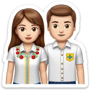 a Ukrainian girl with brown hair in an embroidered shirt and an atomhirt and a Ukrainian boy in an embroidered shirt and Lego bricks sticker
