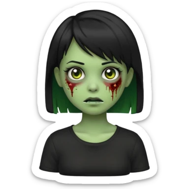 Emoji zombie girl verde com cabelo preto liso  curto com franja pro lado com uma blusa preta sticker