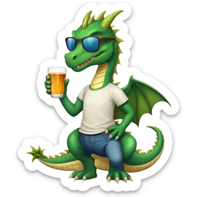 friendly anthropomorphised green dragon in a sports t-shirt and jeans wearing dark sunglasses sticker