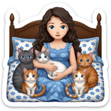 detailed realistic looking a dark grey and white cat regally laying with six other cats, cuddling with their owner in bed who is a pretty bratz lightly tanned white girl with long dark brown hair, blue eyes and gorgeous long wavy hair wearing a pretty detailed dress sticker