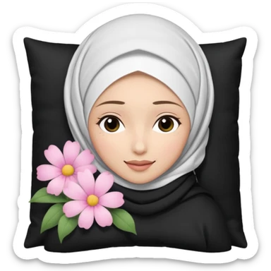 The image is a close-up selfie of a young woman wearing a white hijab. She is lying on her back with her head resting on a black pillow. She has a pink flower in her hair and is looking directly at the camera with a slight smile on her face sticker