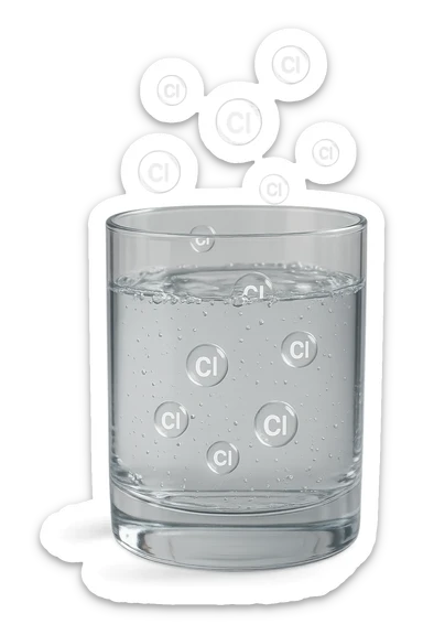un bicchiere di acqua fluttua in aria realistico e dettagliato, dentro l'acqua del bicchiere ci sono particelle di cloro ben visibili con la scritta "Cl" sopra, ci sono particelle anche che escono dal bicchiere e fluttuano in aria verticalmente, mentre alcune sono all'interno dell'acqua nel bicchiere, iperrealistico 4k sticker