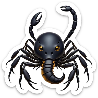 Cinematic Cute Emperor Scorpion Portrait Emoji, Head tilted playfully and inquisitively, with a compact, rugged build and a sleek, dark exoskeleton highlighted by delicate, intricate patterns and round, sparkling eyes full of curious defiance, Simplified yet irresistibly adorable features, highly detailed, glowing with a warm, friendly glow, high shine, affectionate and quirky, stylized with a touch of desert whimsy, soft glowing outline, capturing the essence of a mischievous yet endearing scorpion that feels like it could pinch its way out of the screen into your arms! sticker