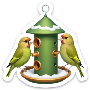 3 Green finch feeding on a bird feeder in the snow sticker