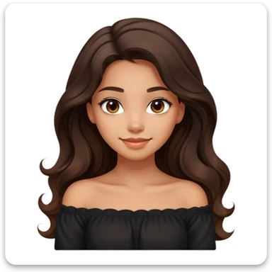clean modern emoji of a young woman with medium skin tone, long wavy dark brown hair, wearing a black off-shoulder top, soft smile, expressive eyes, warm charming confident style, subtle gradient background sticker