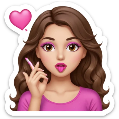 girl with long wavy brown hair, brown eyes, long lashes makeup, sexy pink lips, light to medium complexion, wearing a pink sexy top, blowing a kiss sticker
