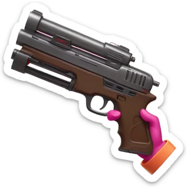 brown hand with pink nails holding large scary dark nerf gun sticker
