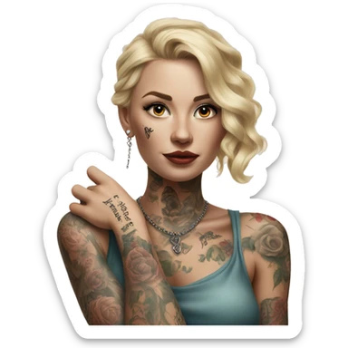 Blonde elegant women, her Body Covered with Tattoos, POINTING YOU with her ONE HAND , Hyper realistic sticker