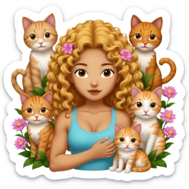 sexy and muscled tanned asian girl who loves cats, long golden curly hair, full body, many different cats nd kittens, surrounded by flowers and cats sticker