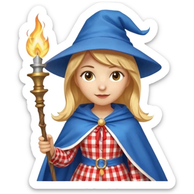 young woman mage with golden blonde hair, wearing a red and white gingham dress under a blue cloak and pointy hat, holding a torch, emoji style sticker