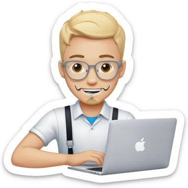 guy wearing braces working on a Macbook with apple logo sticker