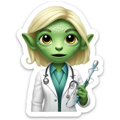 Reptilian alien woman, blonde, is a doctor sticker