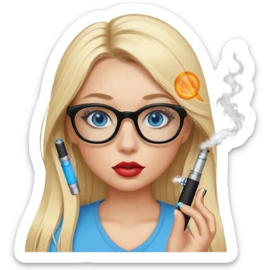 girl with blue eyes, blonde ling hair, black squared glasses, big lips, long eyelashes, and an electronic cigarette in her right hand sticker