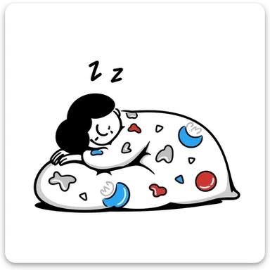 A cute curled-up sleeping person under a colorful blanket with peaceful smile and soft Z's floating. Cozy feeling with gentle pastel colors. Hand-drawn doodle style. sticker