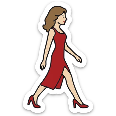 Depict the girl from the first reference image with the exact pose from the second sketch image: same appearance, hairstyle, red dress and shoes, style and color, but the arm and leg positions must fully match the sketch. Ensure the figure is fully in frame with no body parts cropped. Transparent background. sticker