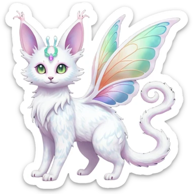 Pure-snow-White albino iridescent with pastel rainbow-gradients-color-markings with swirly patterns butterflies  faerie-Noivern-Noibat-Purloin-Torracat-Lykoi-Caracal-cat-Fakemon-fusion-hybrid-creature sticker