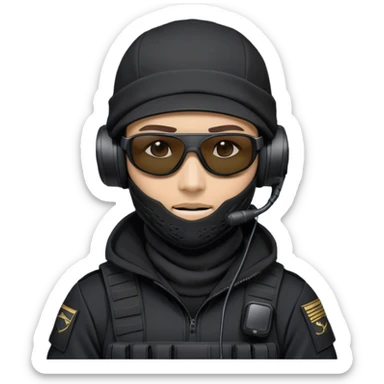 A highly detailed tactical operator wearing a black backward cap, a white full-face balaclava, black wraparound sunglasses, and a professional military communication headset with a microphone. The character is dressed in a dark tactical hoodie or combat gear with a sleek, modern design. sticker