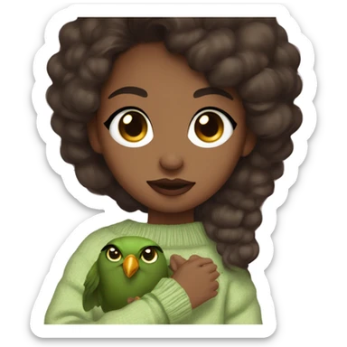 Dark brown haired girl, brown eyes, brown skin, long lashes, big rosé lips, matcha green sweater, holding a bird in arms sticker