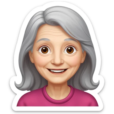 an elderly woman with long, grey hair and a smiling face sticker